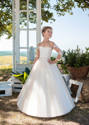 Long Sleeves Lace Tulle Keyhole Back Fairytale Flower Girl Dress